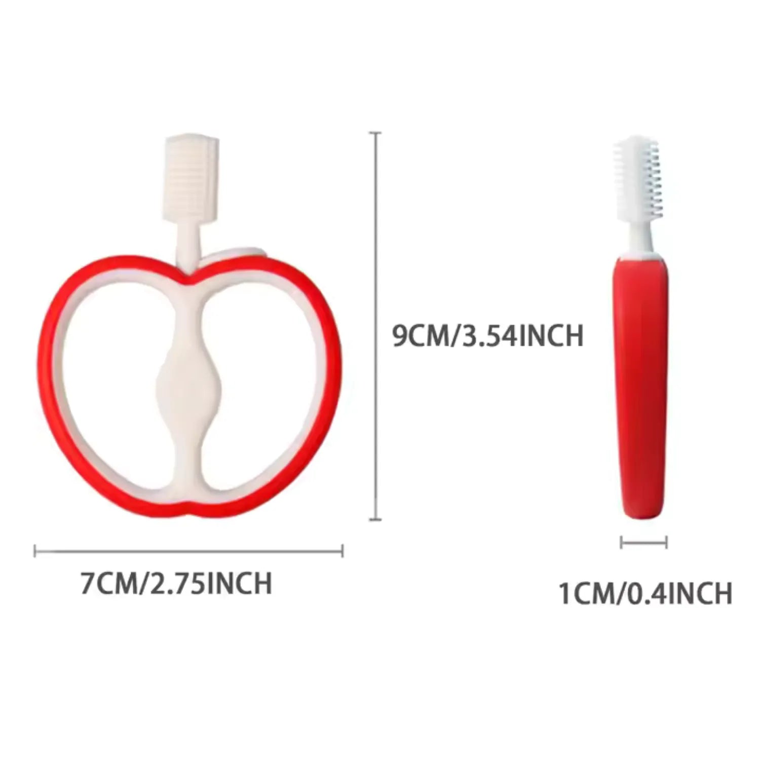 Side view of apple baby teether toothbrush showing soft double sided silicone brushing design