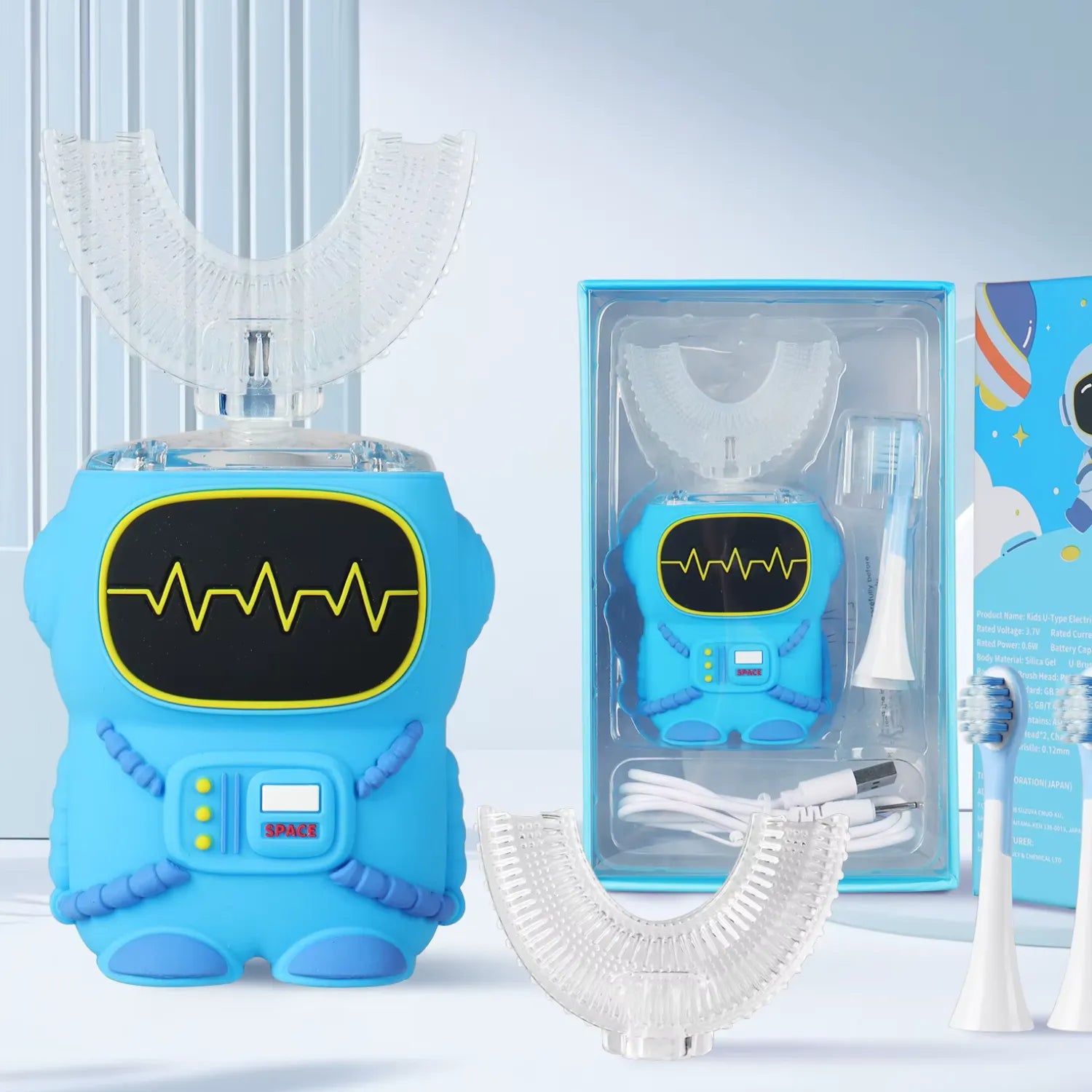 Astronaut U-shape kids electric toothbrush boxed set with replacement brush heads and complete brushing accessories