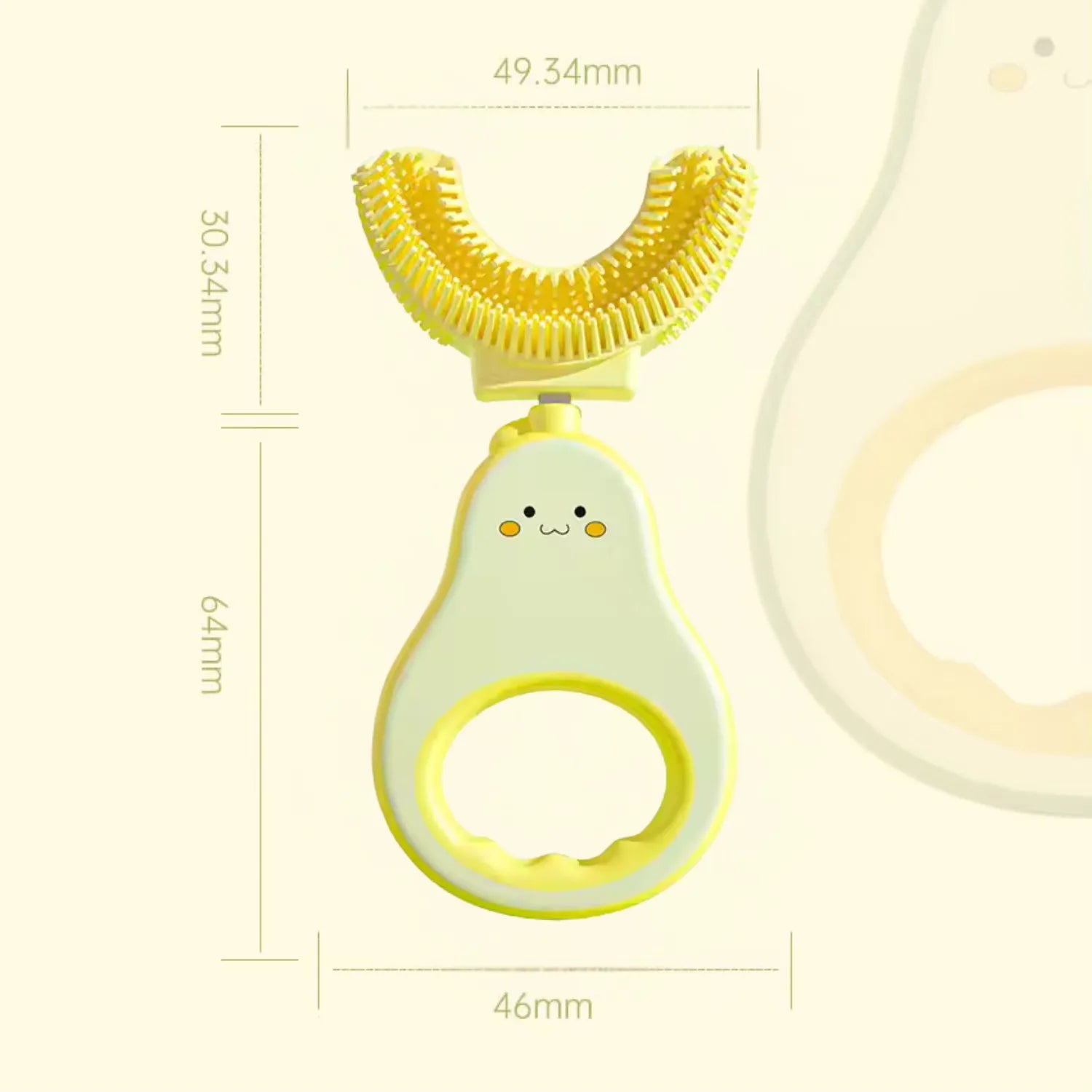 Close-up of avocado U-shape kids toothbrush showing soft BPA free silicone bristles for toddlers
