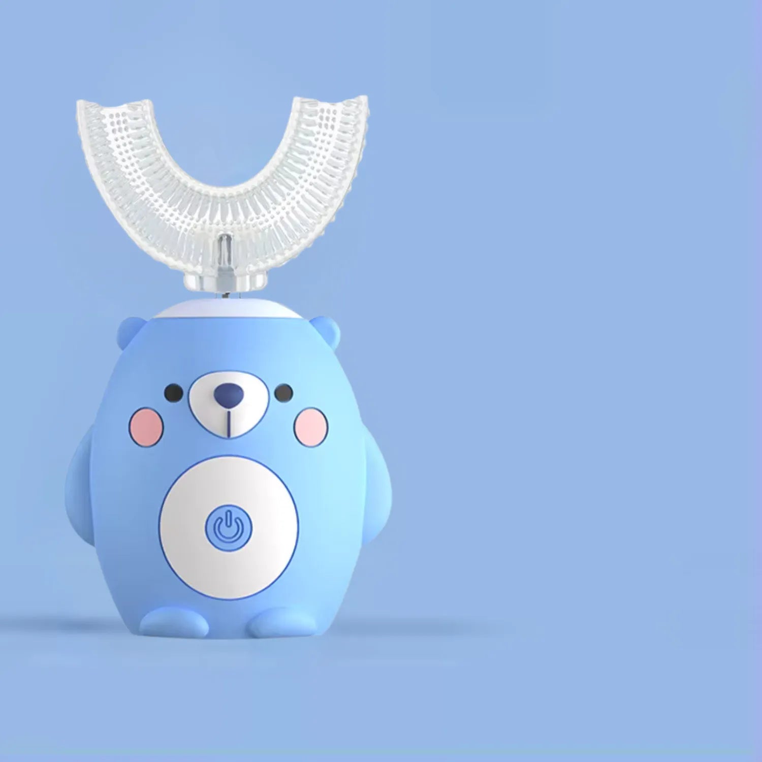 Blue bear U-shape kids electric toothbrush showing soft BPA free silicone bristles for safe toddler brushing