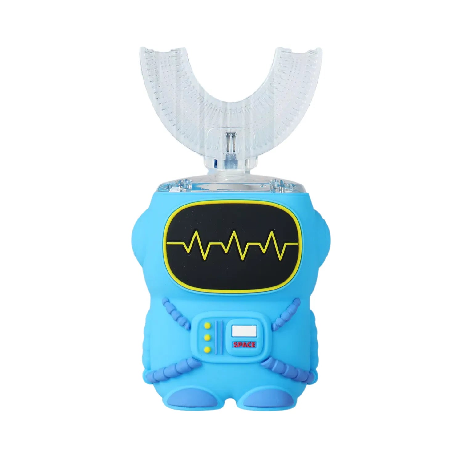 Blue astronaut U-shape kids electric toothbrush designed for toddlers with soft silicone bristles and easy grip handle