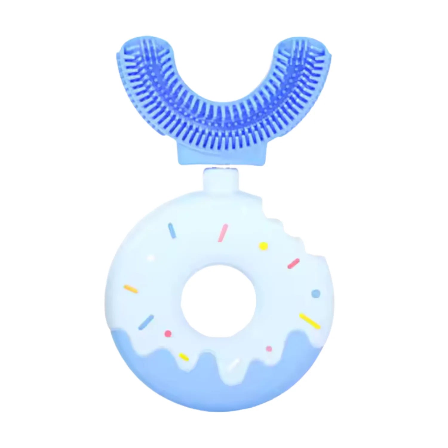 Blue donut U-shape kids toothbrush with child friendly design and gentle full mouth cleaning for daily brushing