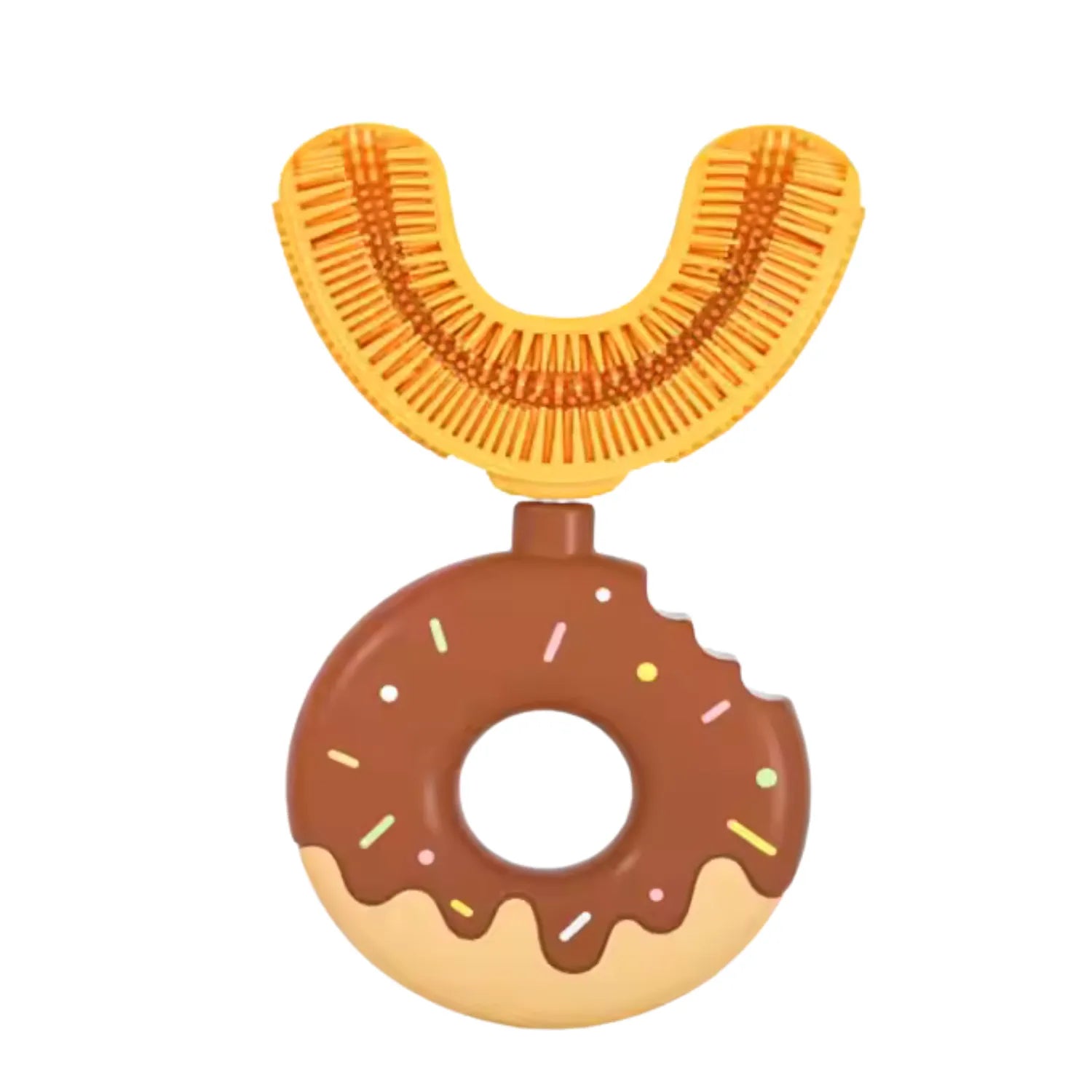 Brown donut U-shape kids toothbrush with soft silicone bristles for gentle 360 degree brushing and fun daily oral care