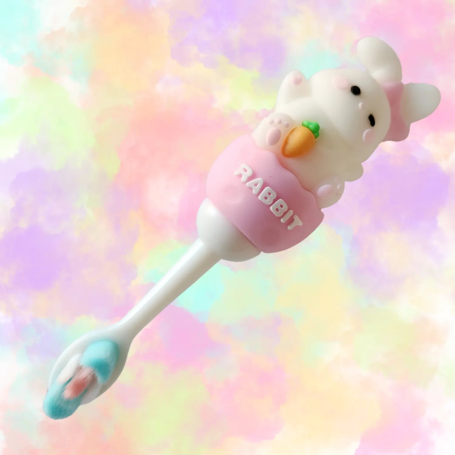 Close-up of bunny kids toothbrush showing soft bristles and child-friendly easy hold handle design