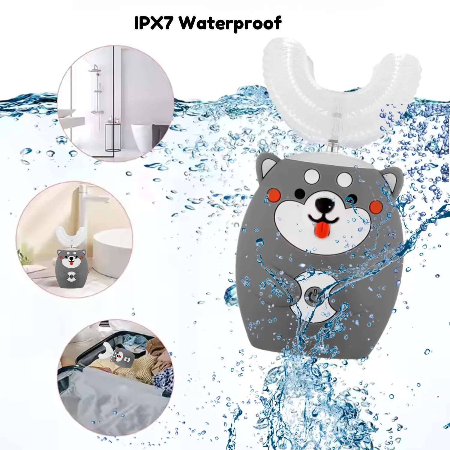 Dog U-shape kids electric toothbrush showing soft silicone brush head and waterproof child friendly design