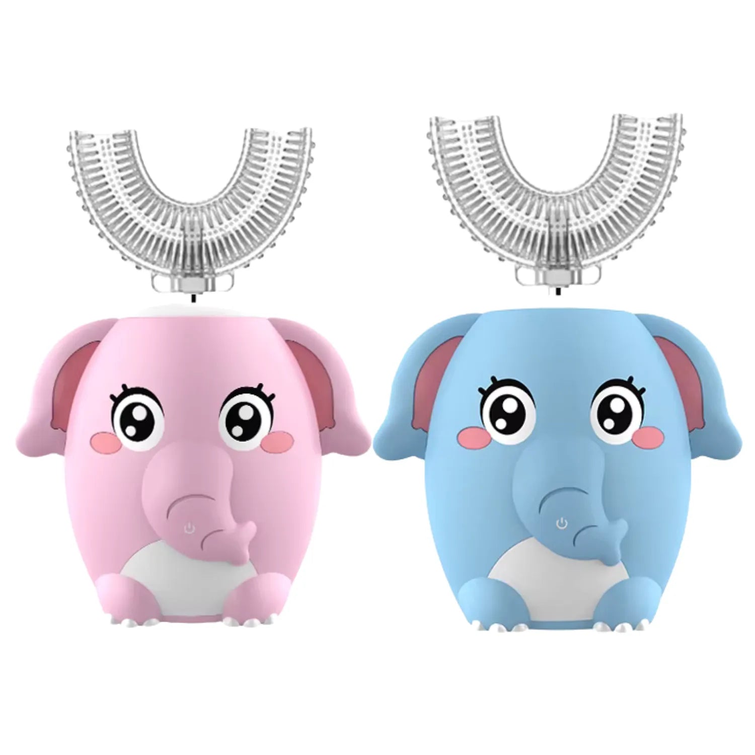 Elephant U-shape kids electric toothbrush in pink and blue with soft silicone bristles for gentle 360 degree cleaning