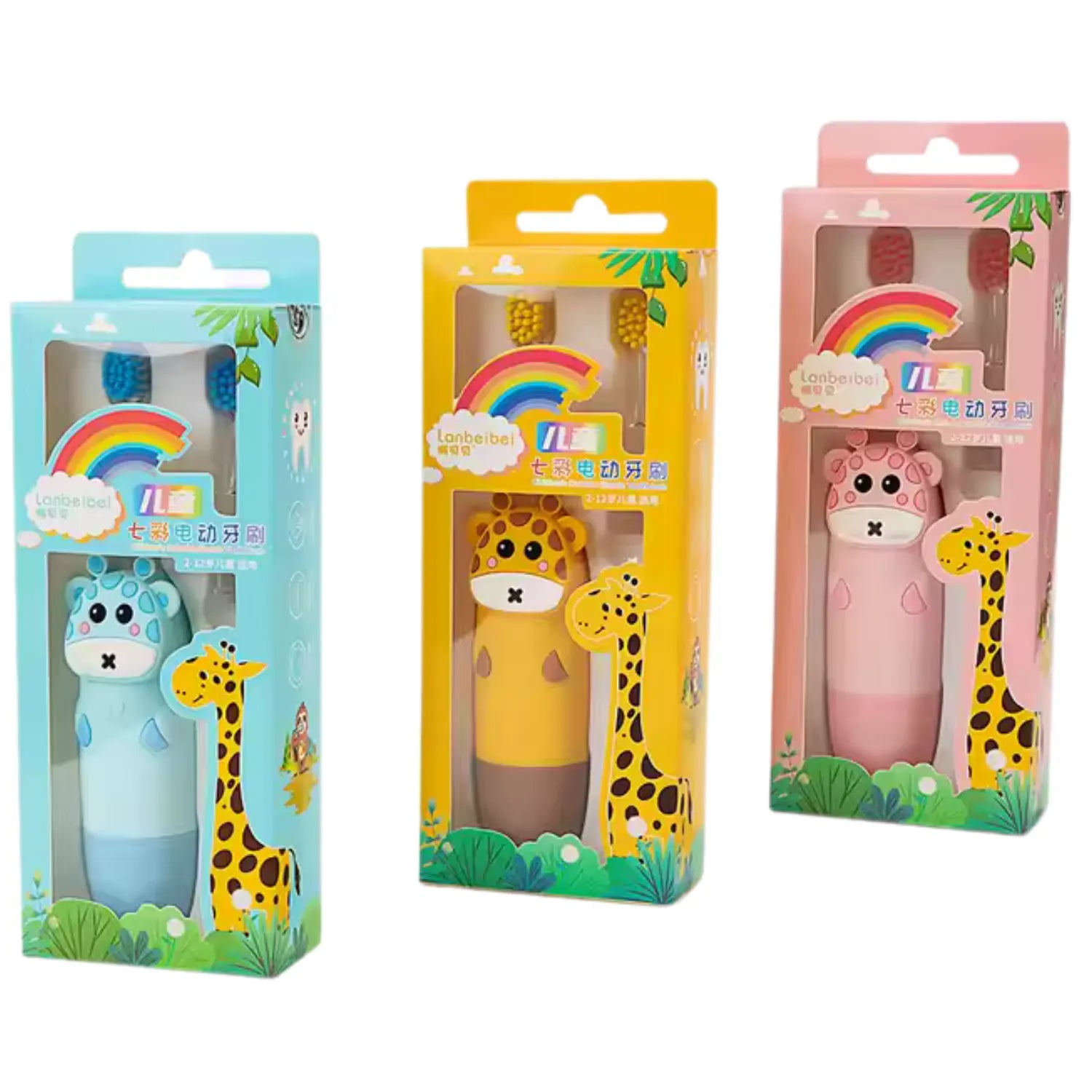 Giraffe LED kids electric toothbrush boxed set in pink blue and yellow showing fun gift ready toothbrush options