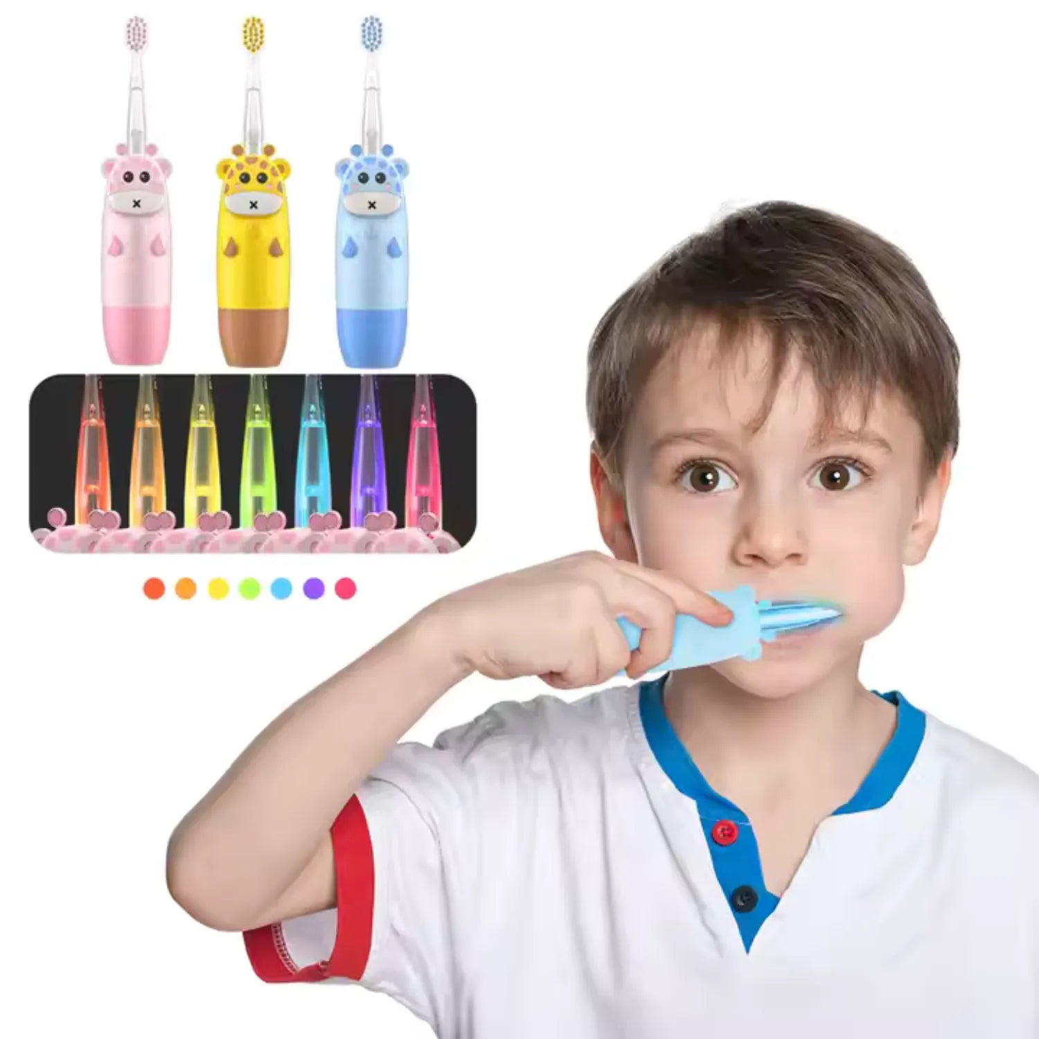 Child using giraffe LED kids electric toothbrush showing seven colourful LED brush head lights for fun brushing routines