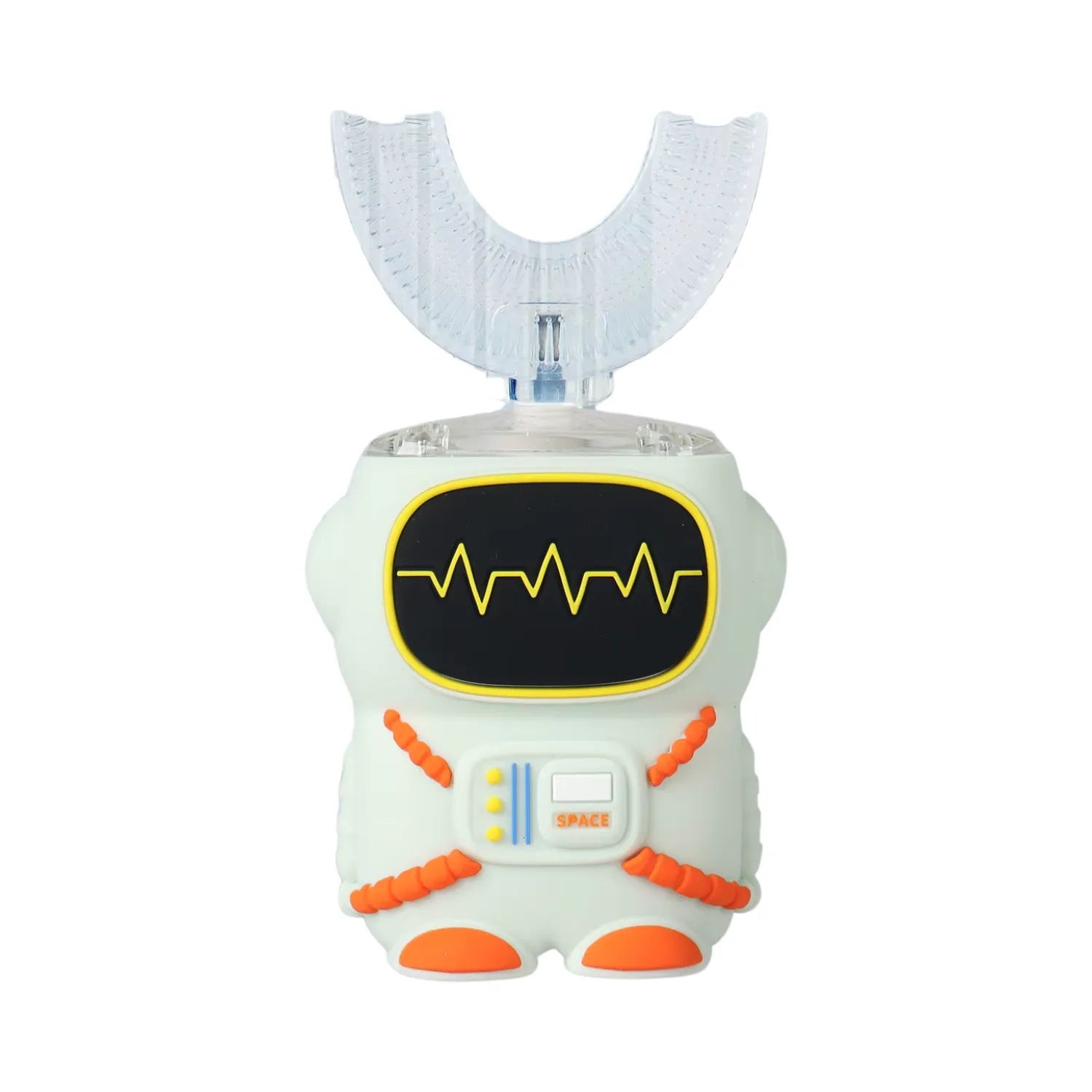 Green astronaut U-shape kids electric toothbrush with child friendly design and gentle 360 degree brushing
