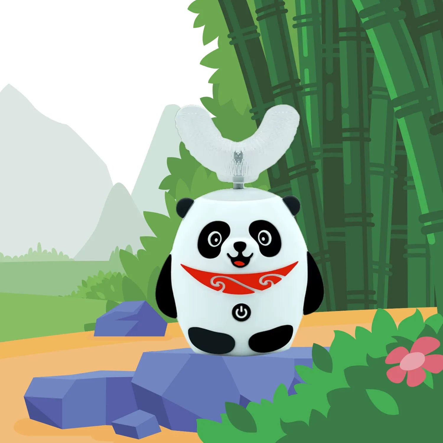 Panda U-shape kids electric toothbrush in fun cartoon background helping children enjoy brushing and healthy daily habits