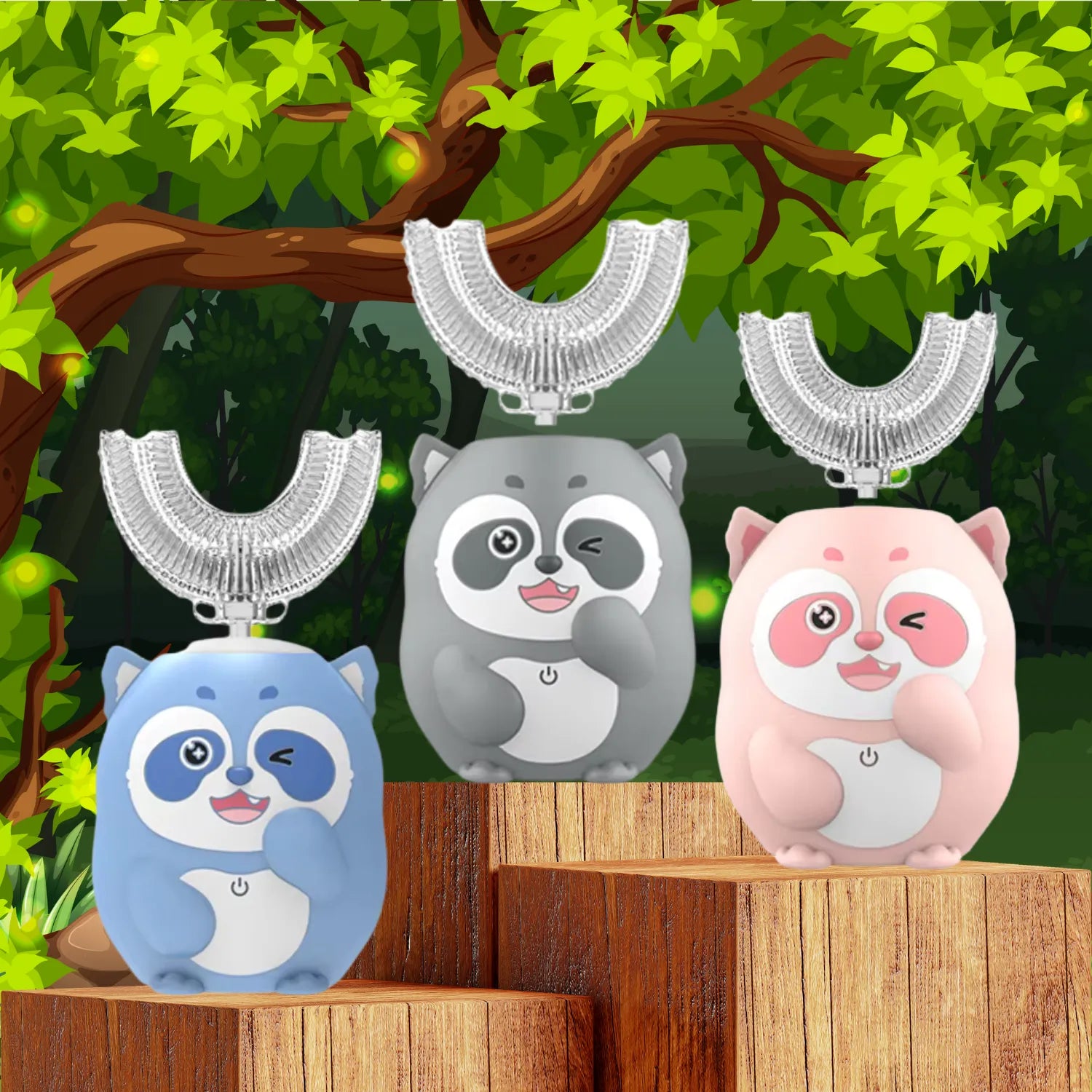 Raccoon U-shape kids electric toothbrush set in fun cartoon background showing grey pink and blue designs for children