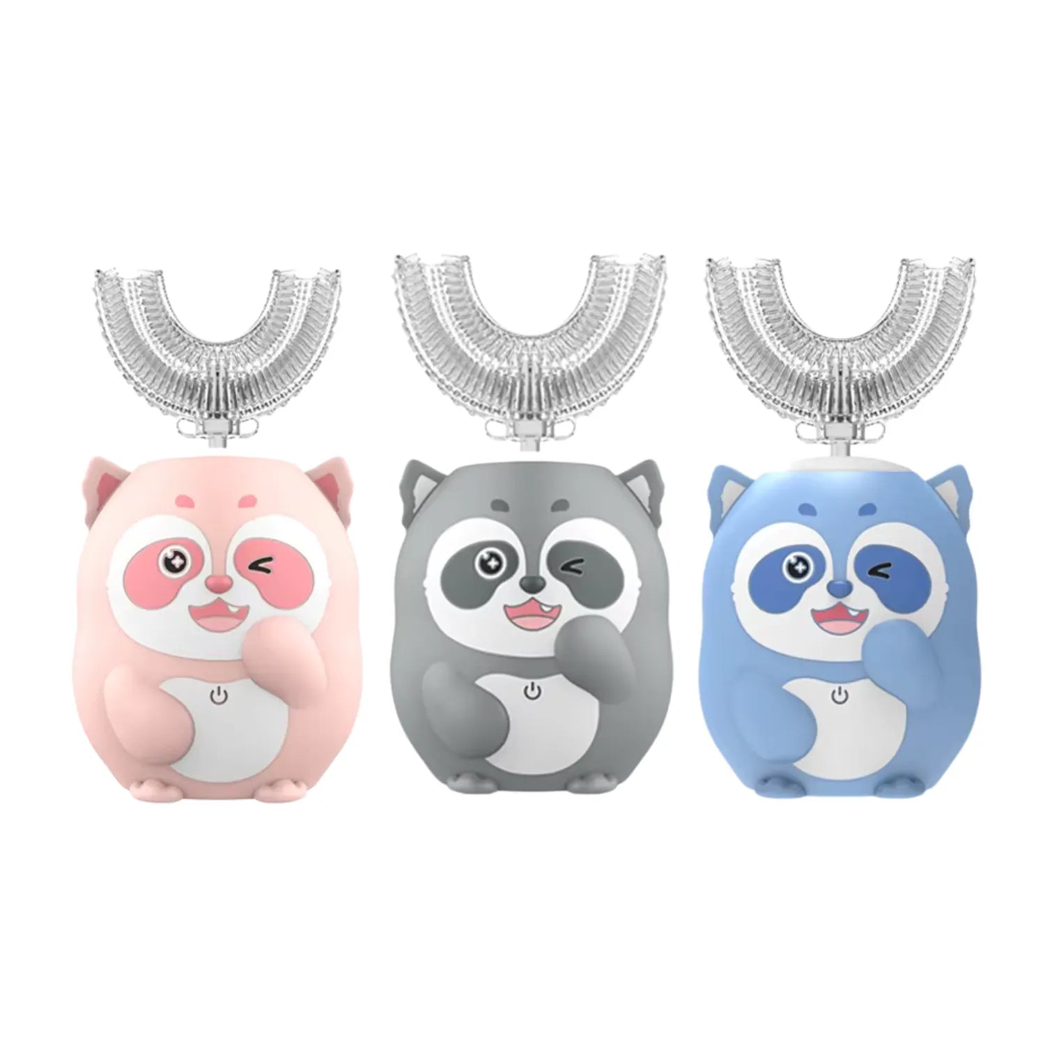 Raccoon U-shape kids electric toothbrush in grey pink and blue with soft silicone bristles for gentle 360 degree cleaning