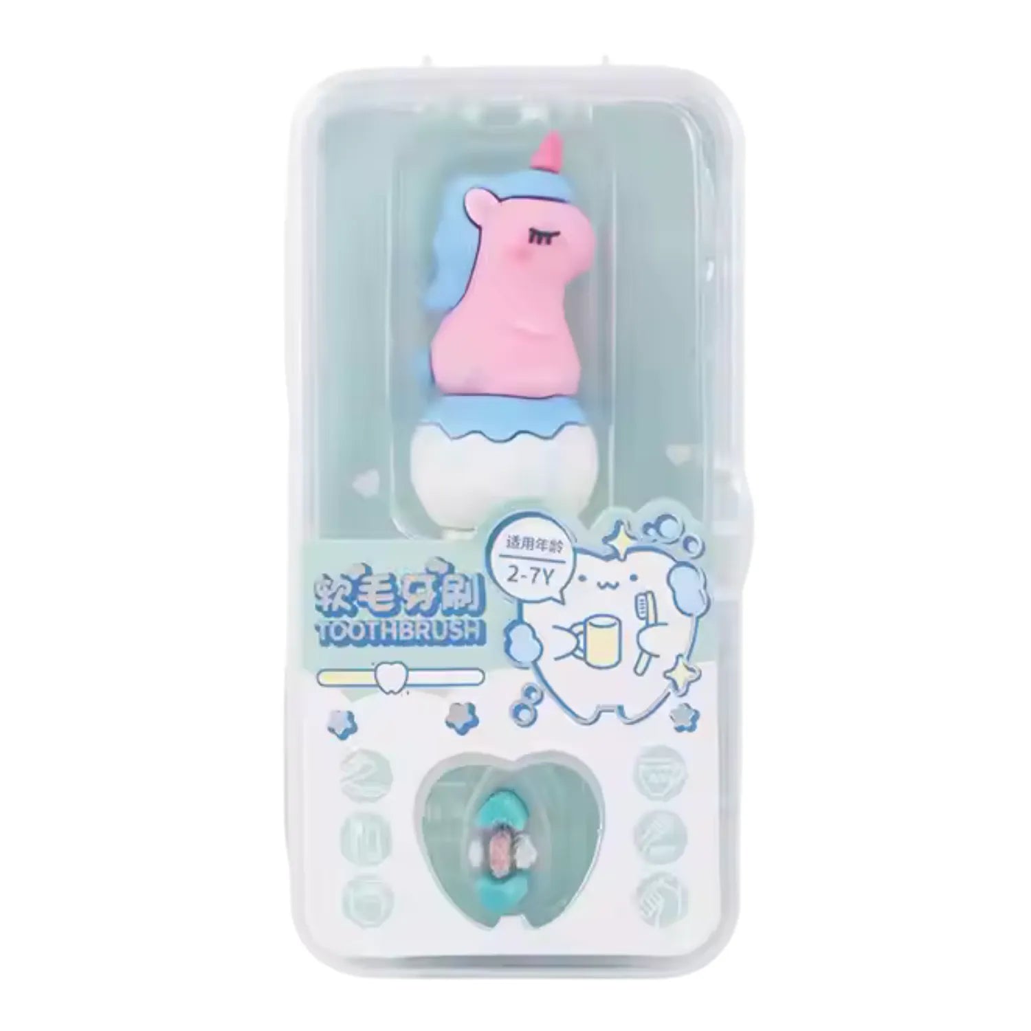 Cute unicorn kids toothbrush designed to help children enjoy brushing with soft gentle bristles