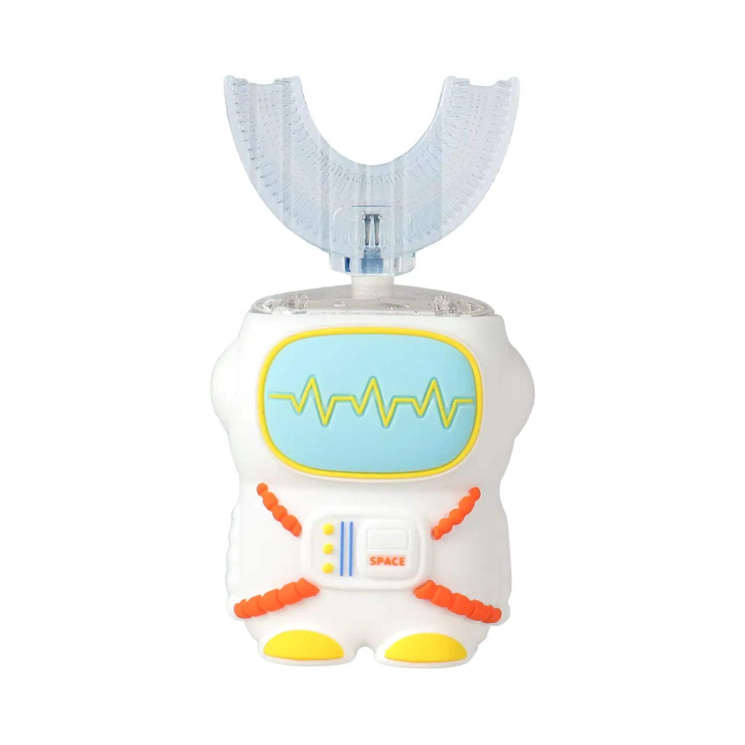 White astronaut U-shape kids electric toothbrush with soft silicone bristles and fun daily brushing support