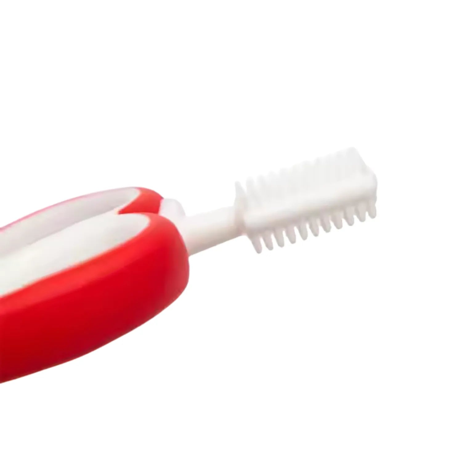 Close-up of apple baby teether toothbrush showing soft BPA free silicone bristles for baby oral care