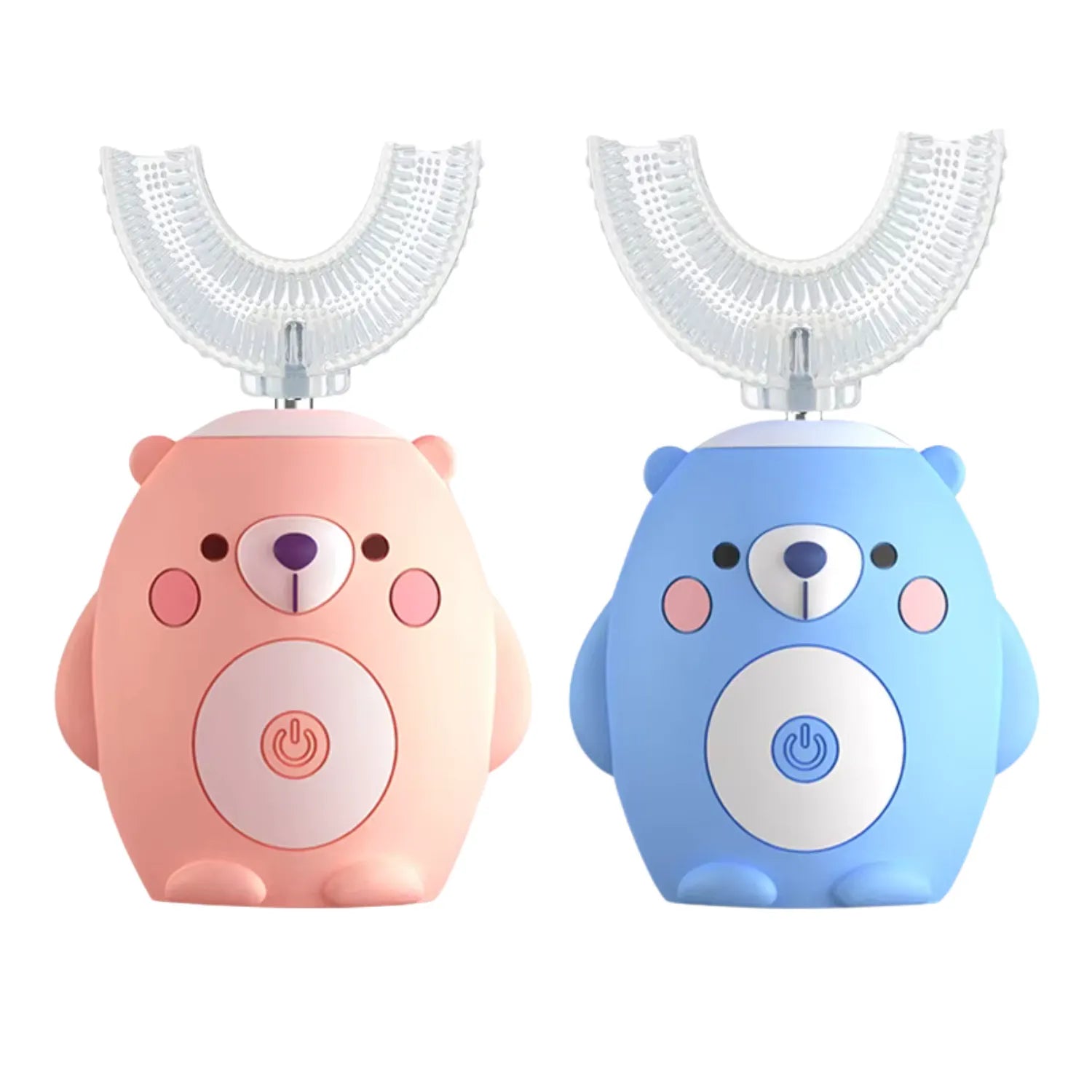 Bear U-shape kids electric toothbrush in pink and blue with soft silicone bristles for gentle 360 degree cleaning