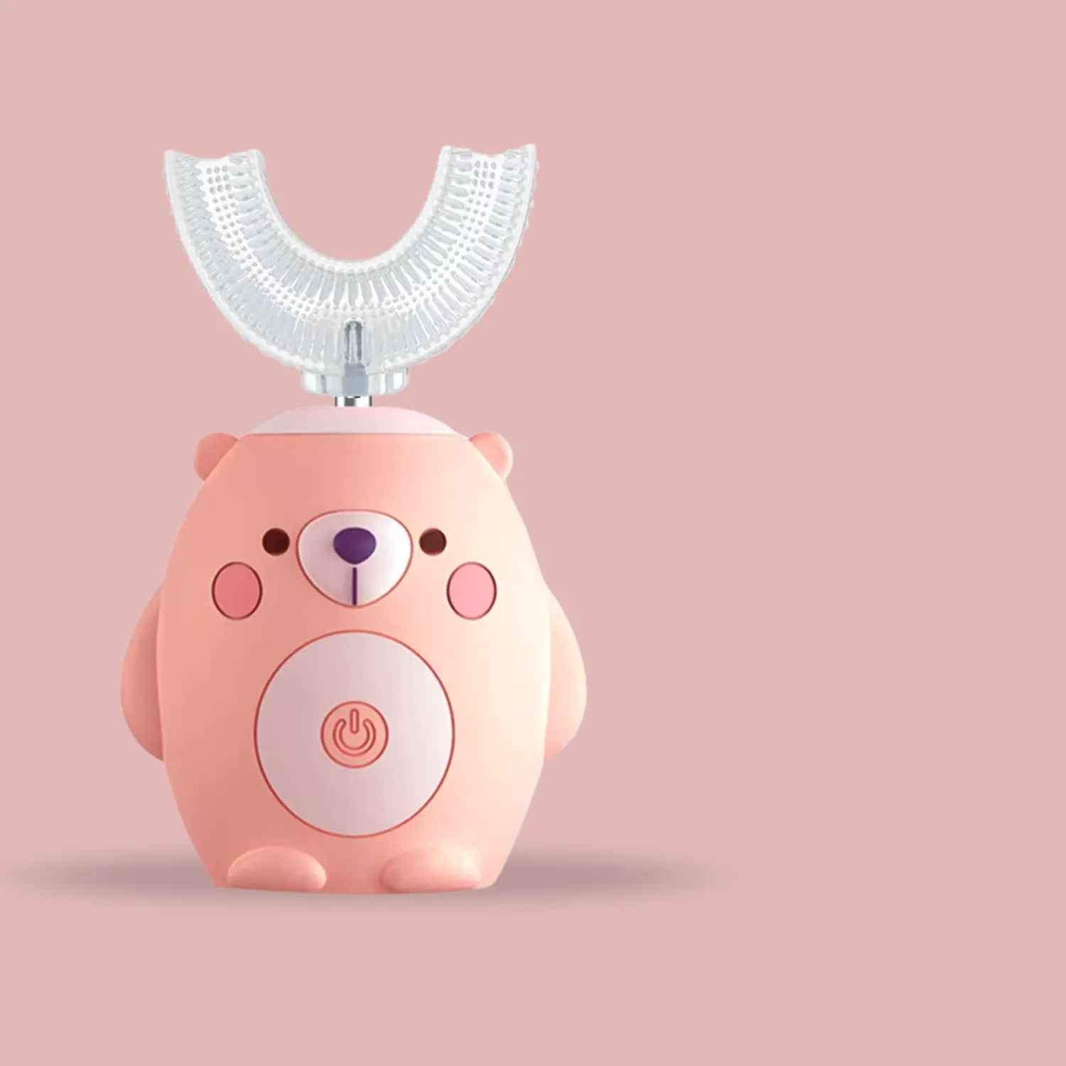 Pink Bear U-shape kids electric toothbrush displayed with cute design and gentle 360 degree cleaning for children