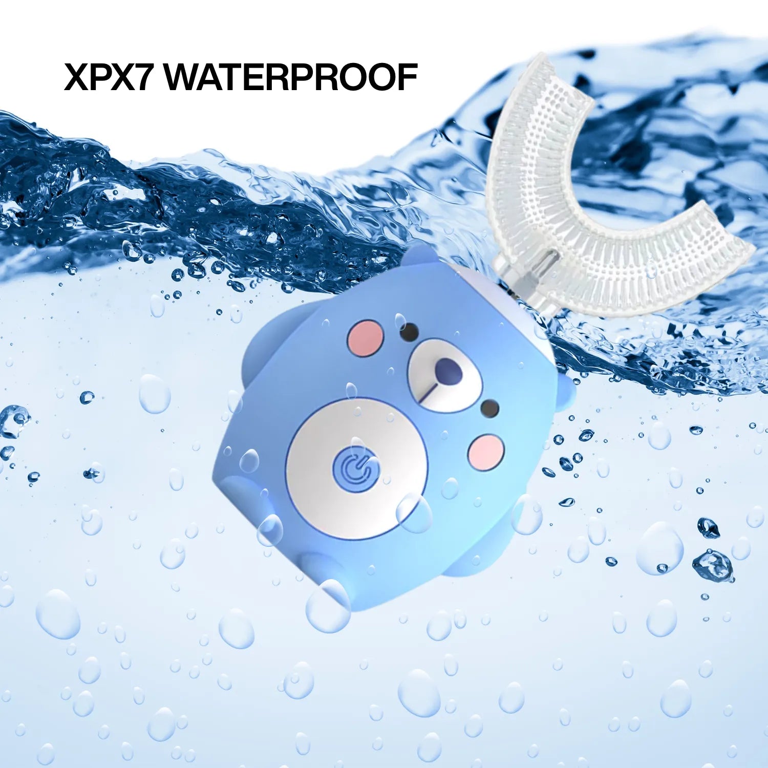 Waterproof bear U-shape kids electric toothbrush showing soft silicone brush head and child friendly design