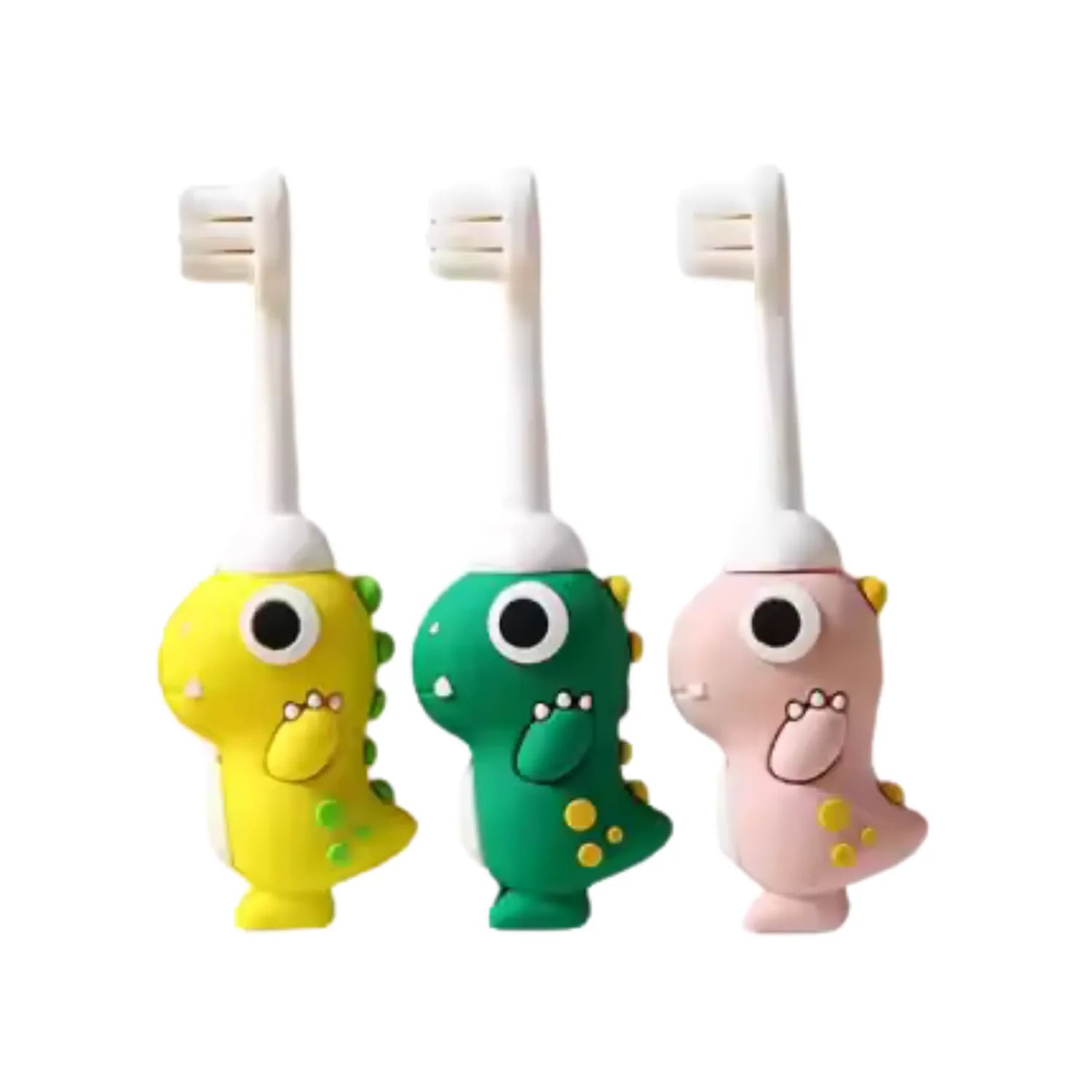 Colourful dinosaur kids toothbrushes in yellow green and pink designed for fun daily oral care routines