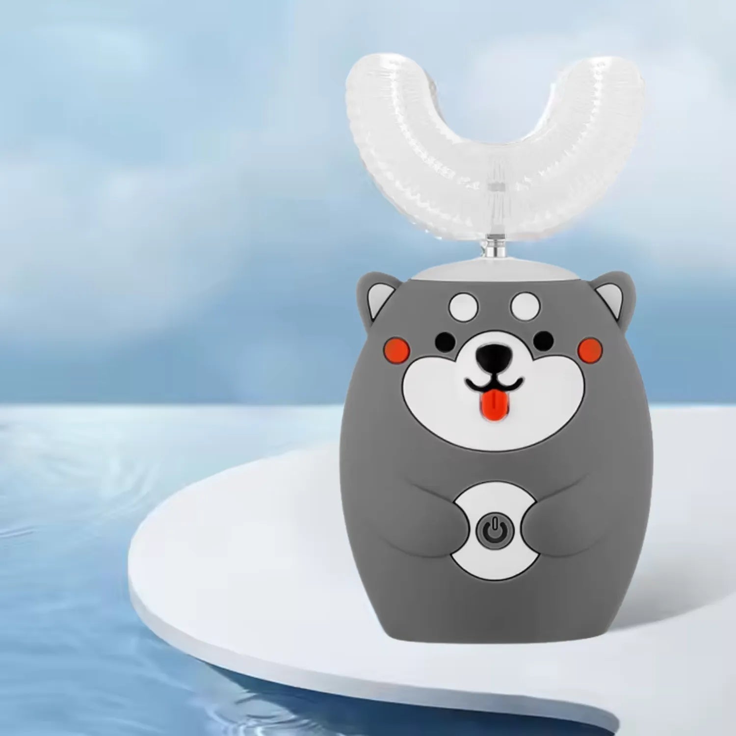 Dog U-shape kids electric toothbrush in fun cartoon background helping children enjoy brushing and healthy daily habits