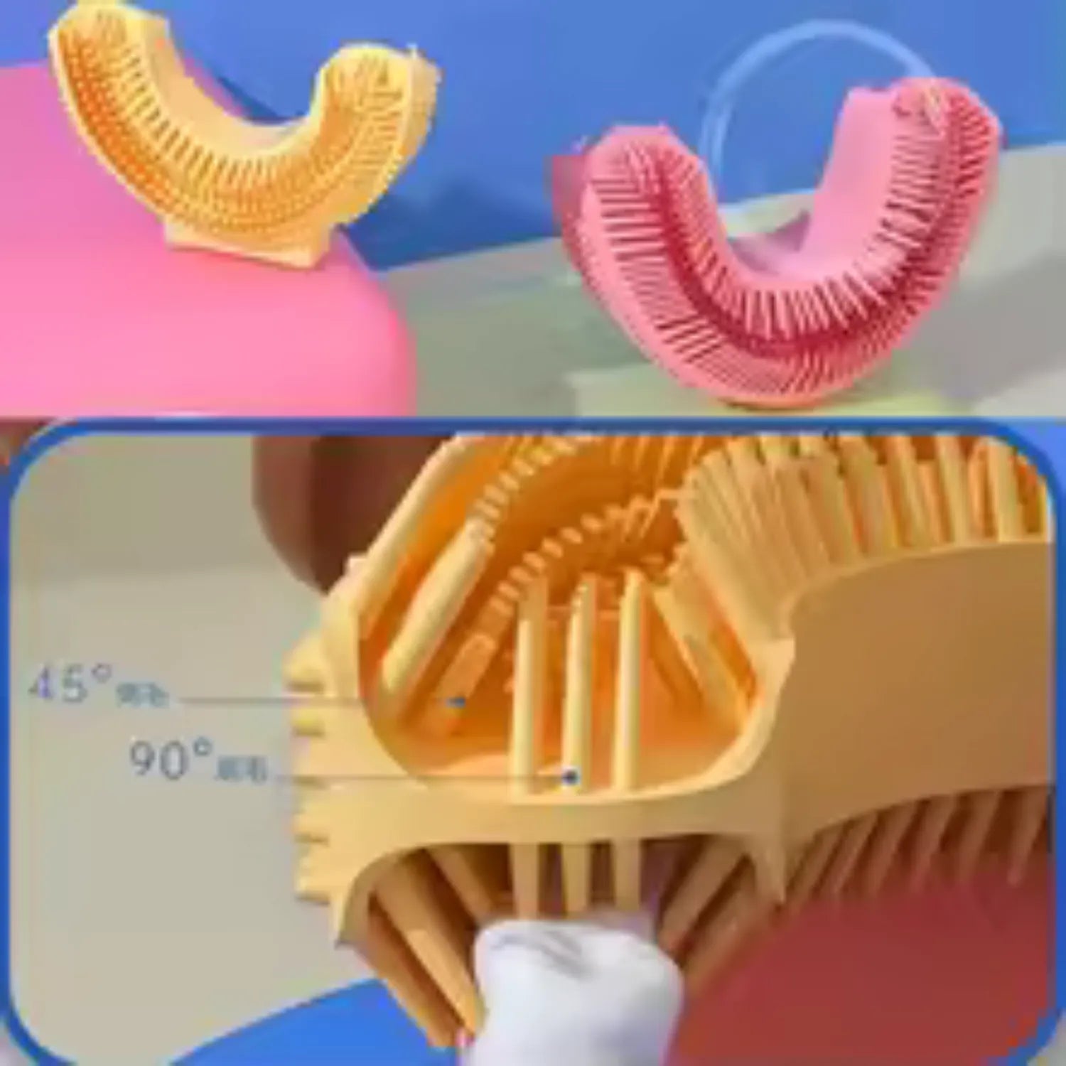 Close-up of donut U-shape kids toothbrush showing soft BPA free silicone bristles for toddlers