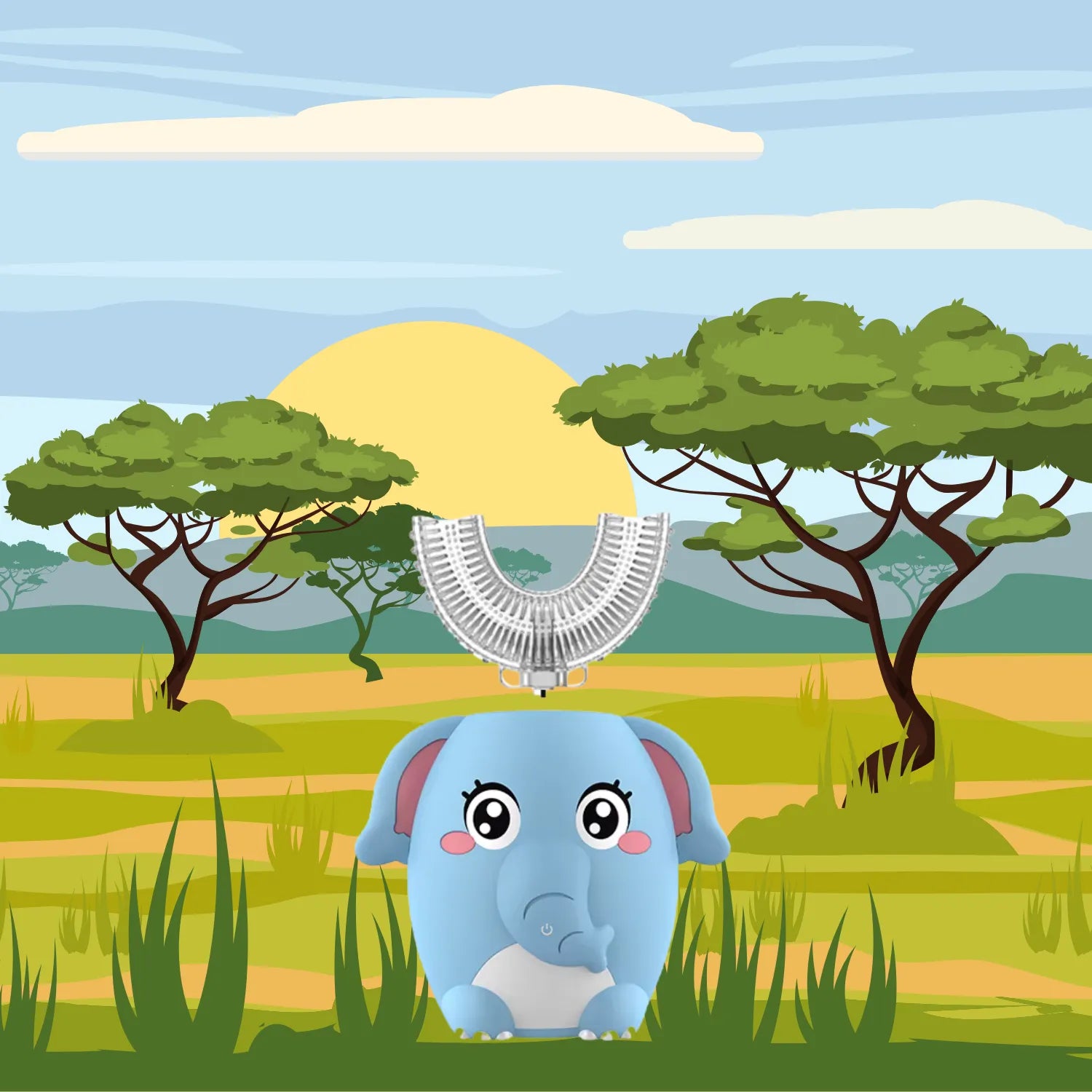 Elephant U-shape kids electric toothbrush in fun cartoon background helping children enjoy brushing and healthy daily habits