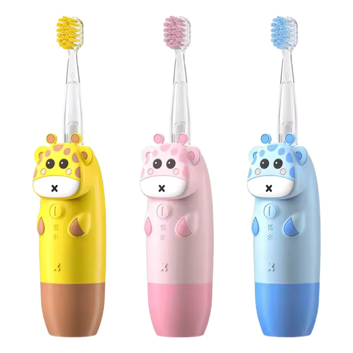 Giraffe LED kids electric toothbrush in pink blue and yellow with soft bristles and fun light up brushing design