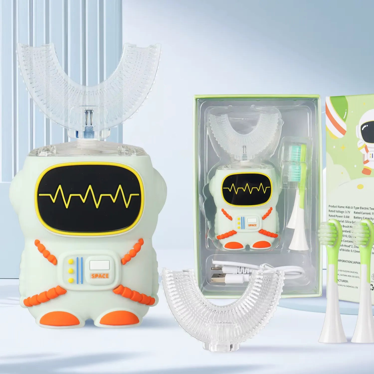 Green astronaut U-shape kids electric toothbrush boxed set with extra brush heads and gift ready packaging