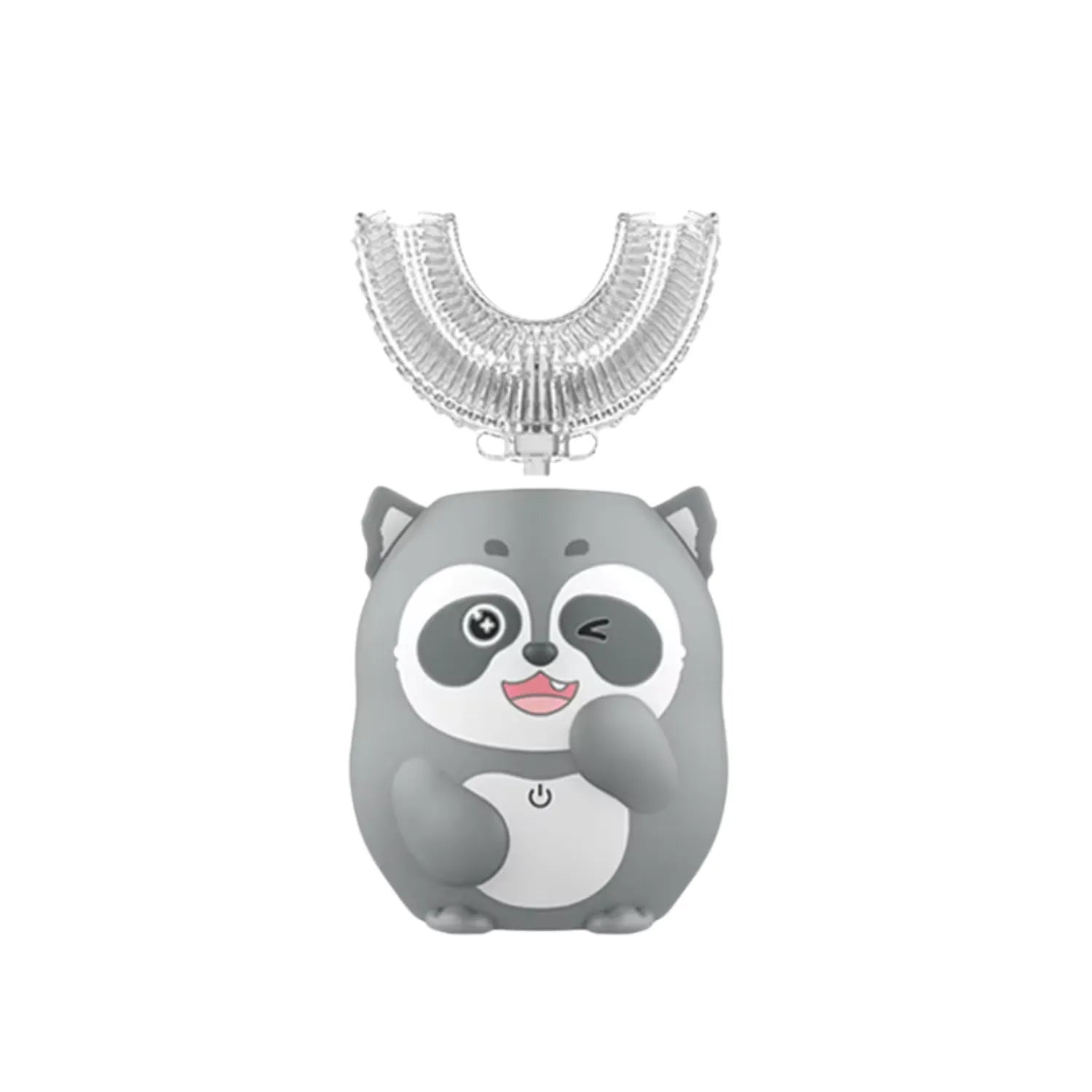 Grey raccoon U-shape kids electric toothbrush with soft silicone bristles for gentle 360 degree brushing and daily oral care