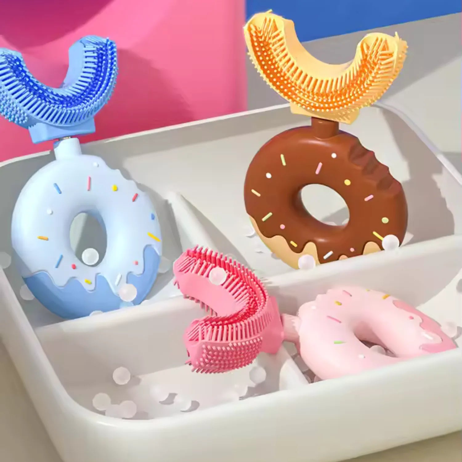 Side view of donut U-shape kids toothbrush designed for toddlers with gentle full mouth cleaning support