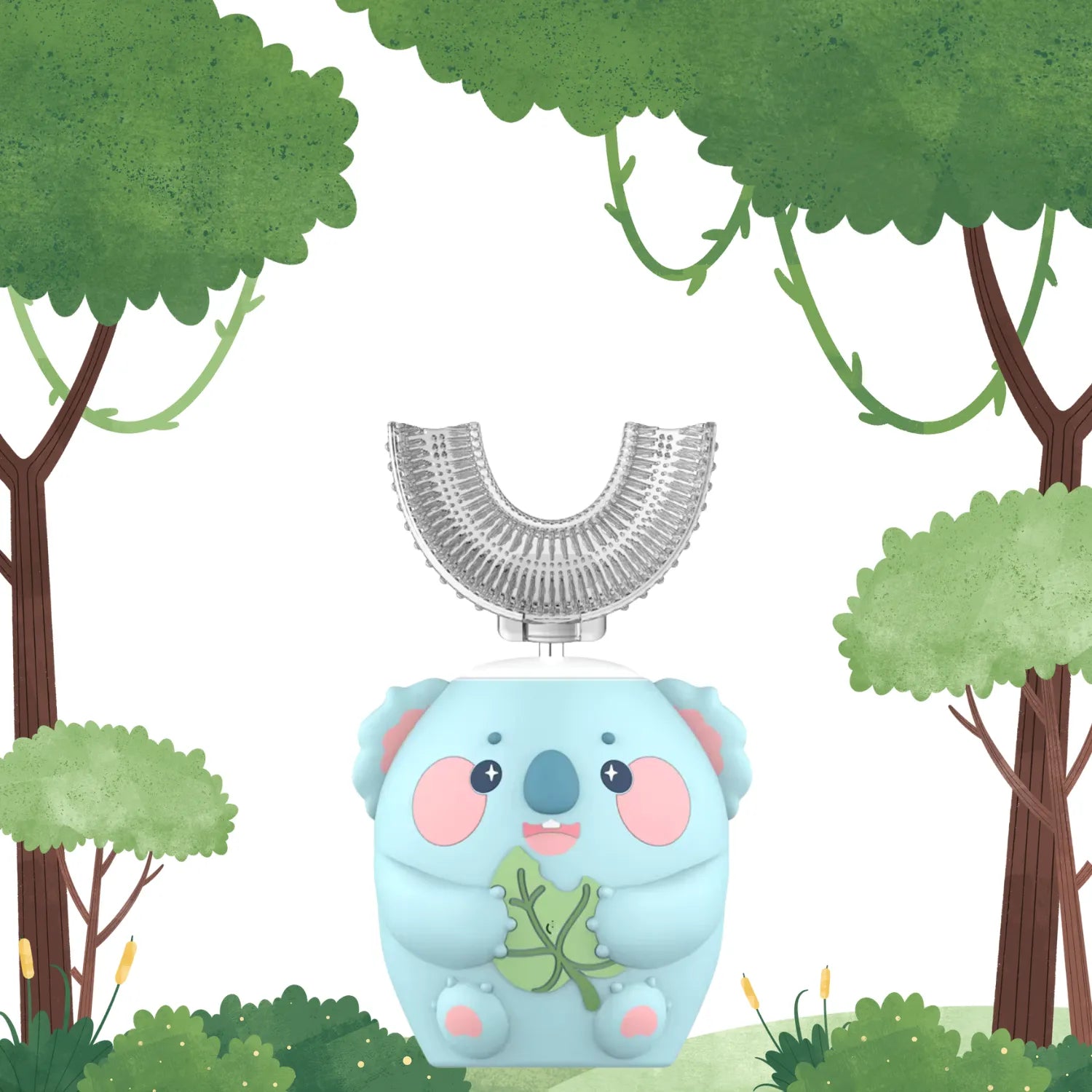 Koala U-shape kids electric toothbrush in fun cartoon background helping children enjoy brushing and healthy habits
