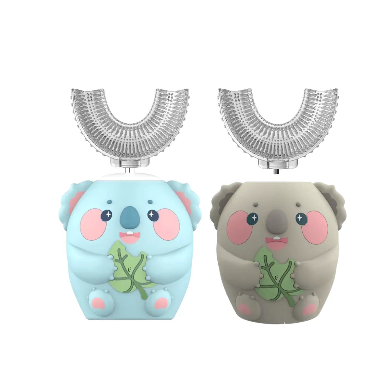 Koala U-shape kids electric toothbrush in blue and grey with soft silicone bristles for gentle 360 degree cleaning