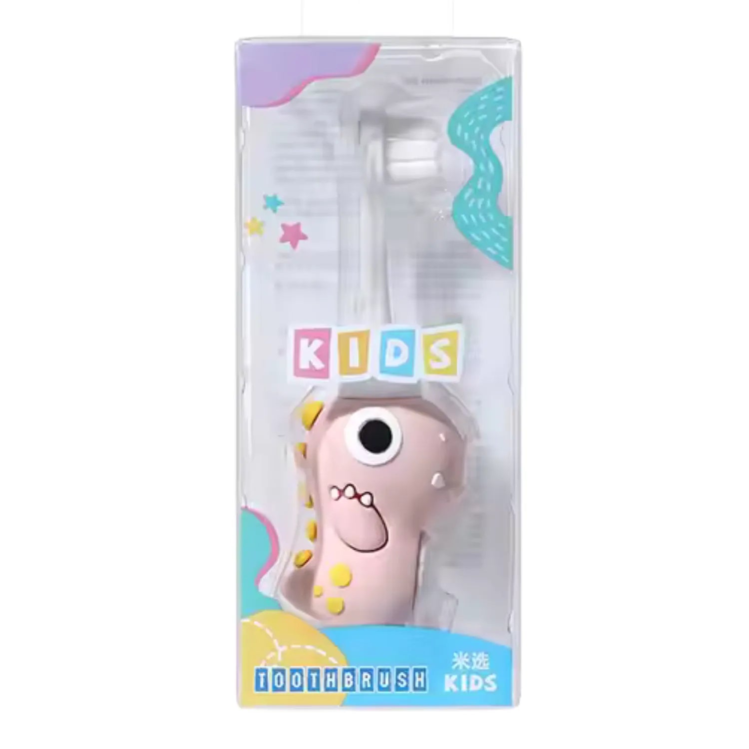 Pink dinosaur kids toothbrush with fun Dino design and gentle bristles for healthy daily brushing habits