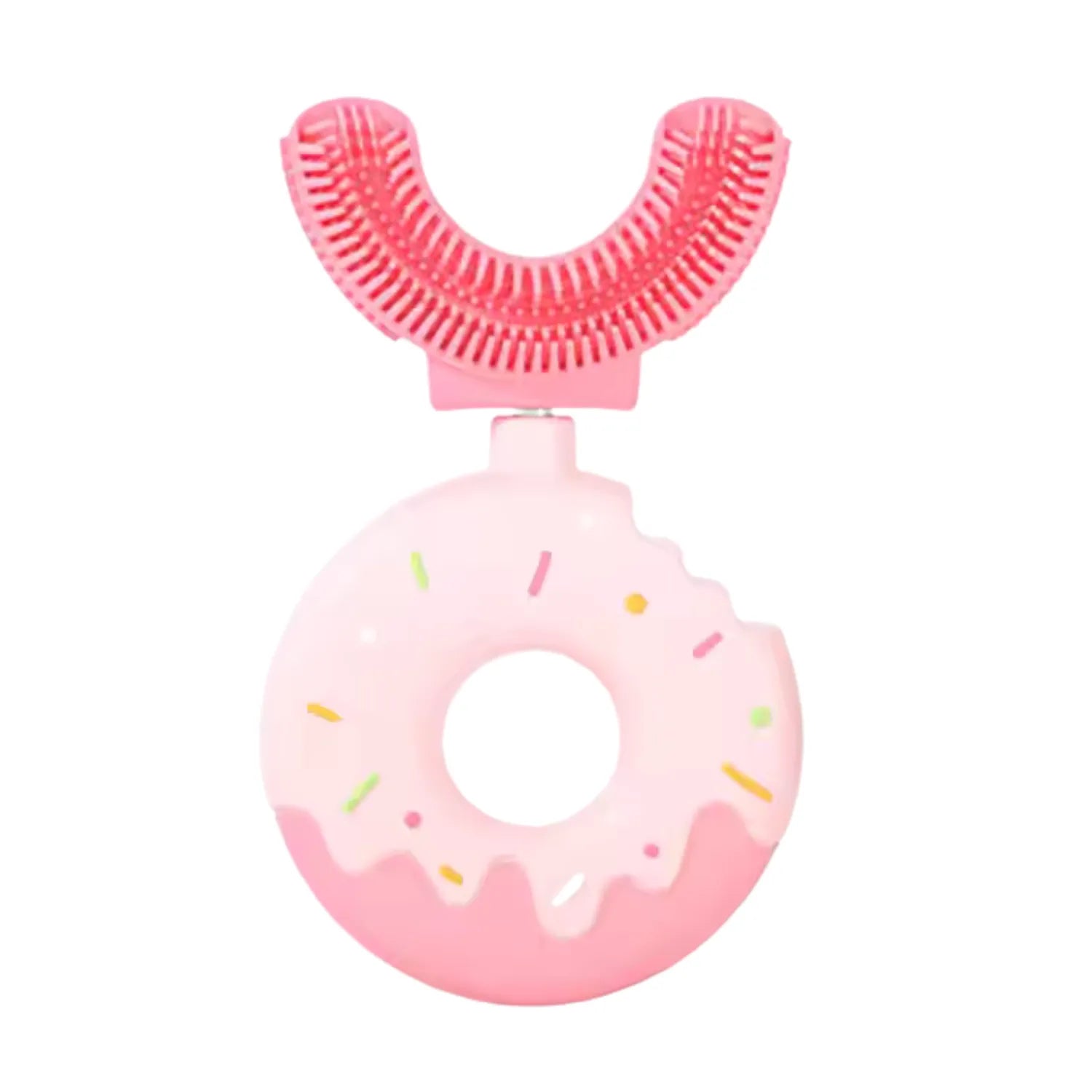 Pink donut U-shape kids toothbrush designed to make brushing fun with soft silicone bristles for toddlers
