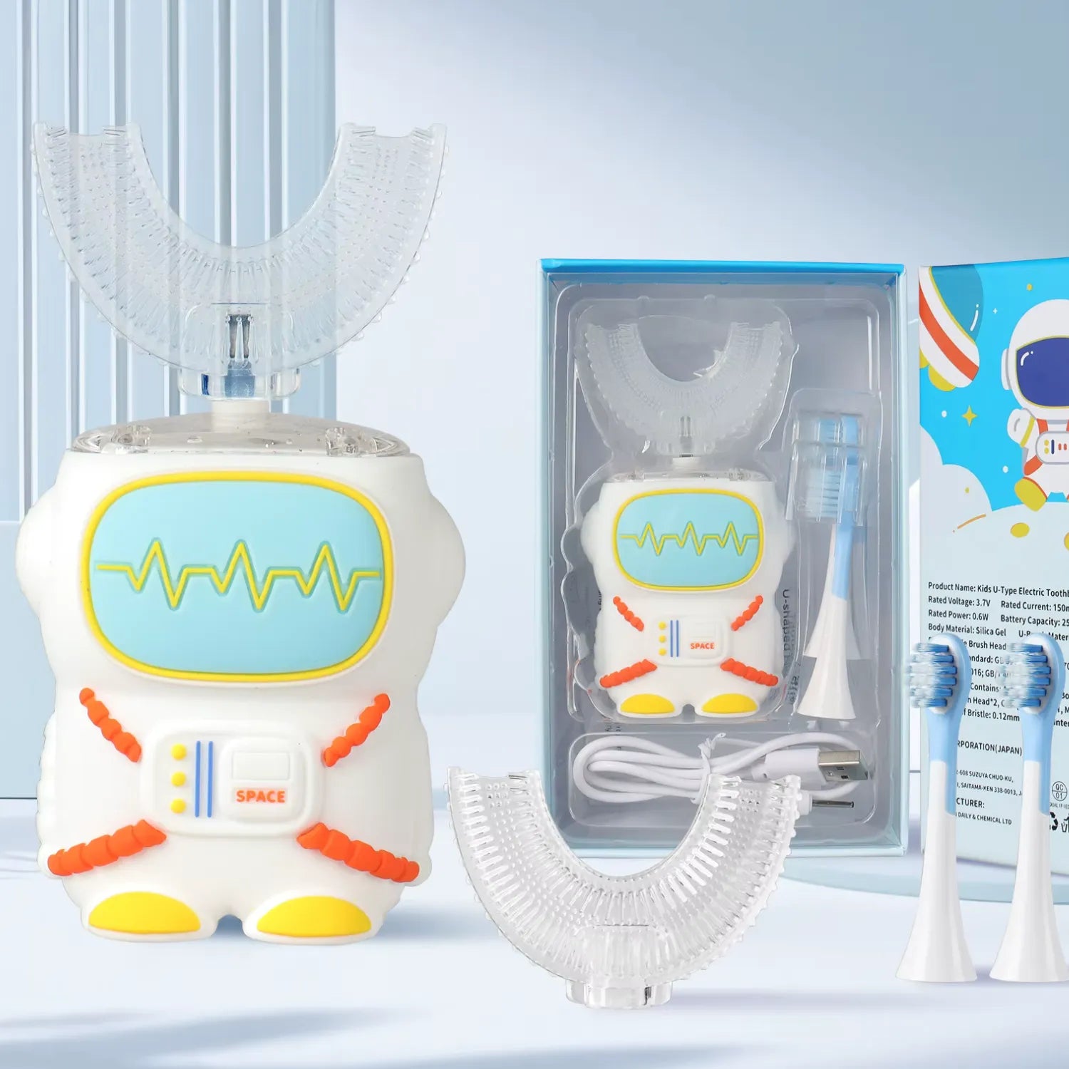 White astronaut U-shape kids electric toothbrush boxed set with replacement brush heads for complete brushing care